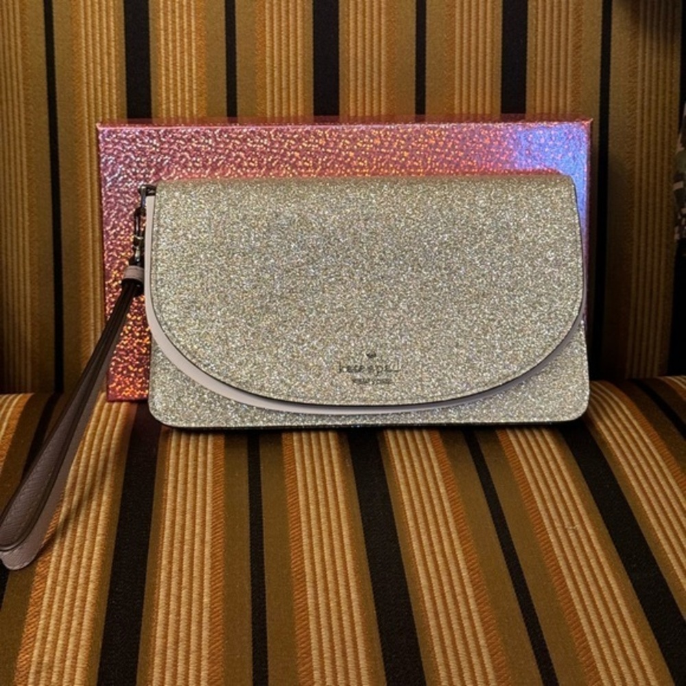 Kate spade glitter multi functional wallet /wrislet light metallic silver